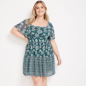 Maurice’s Teal Babydoll Dress with Sheer Floral Overlay Size XL